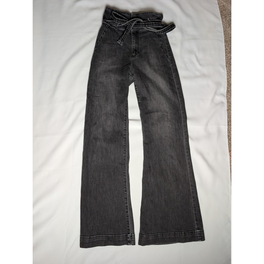 Altar'd State Black High Rise Wide Leg Flare Denim Jeans Fabric Belt Size 27